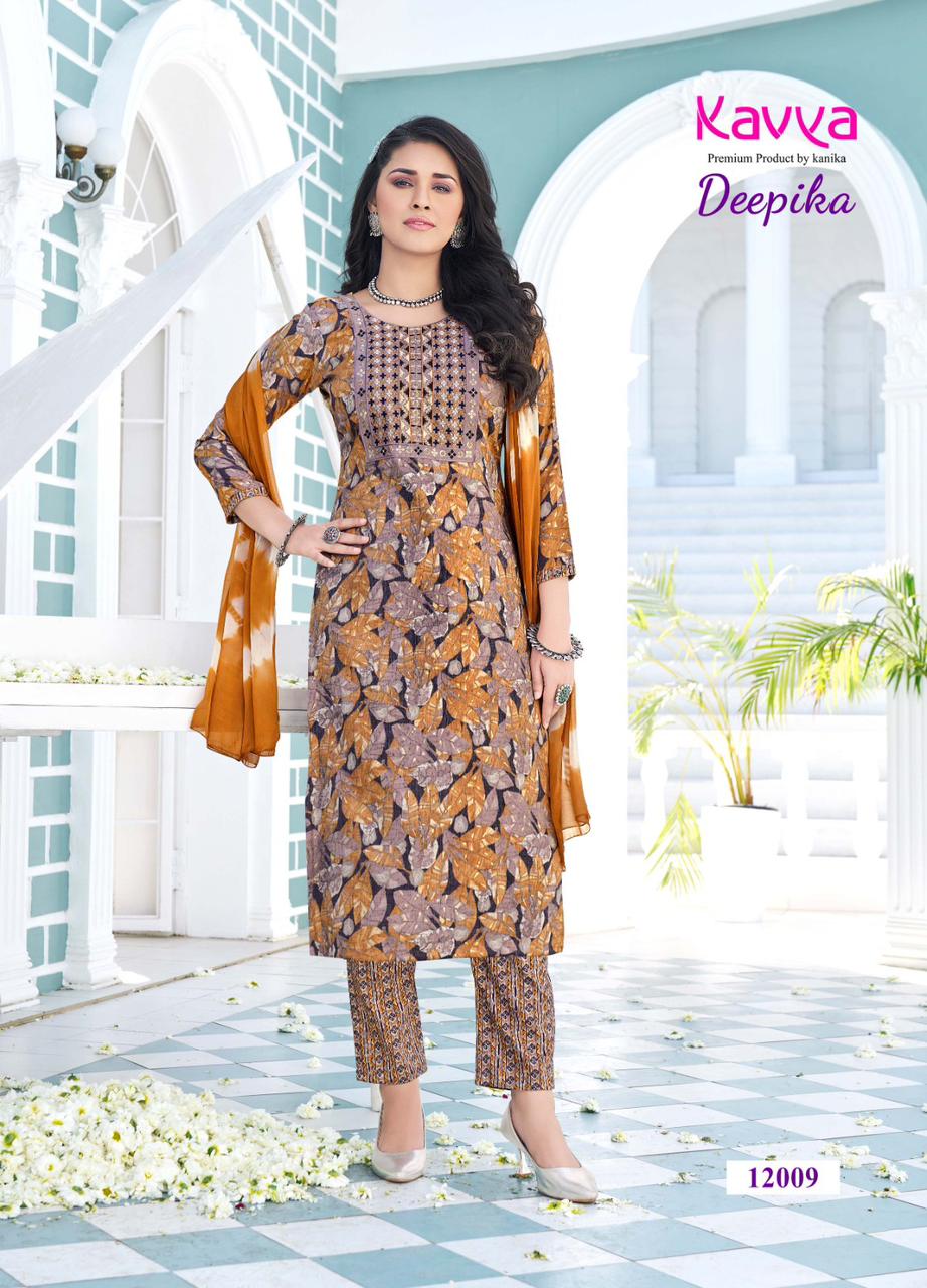 Deepika Vol 12 By Kavya Straight Cut Embroidery Kurti With Bottom Dupatta Wholesale Market
